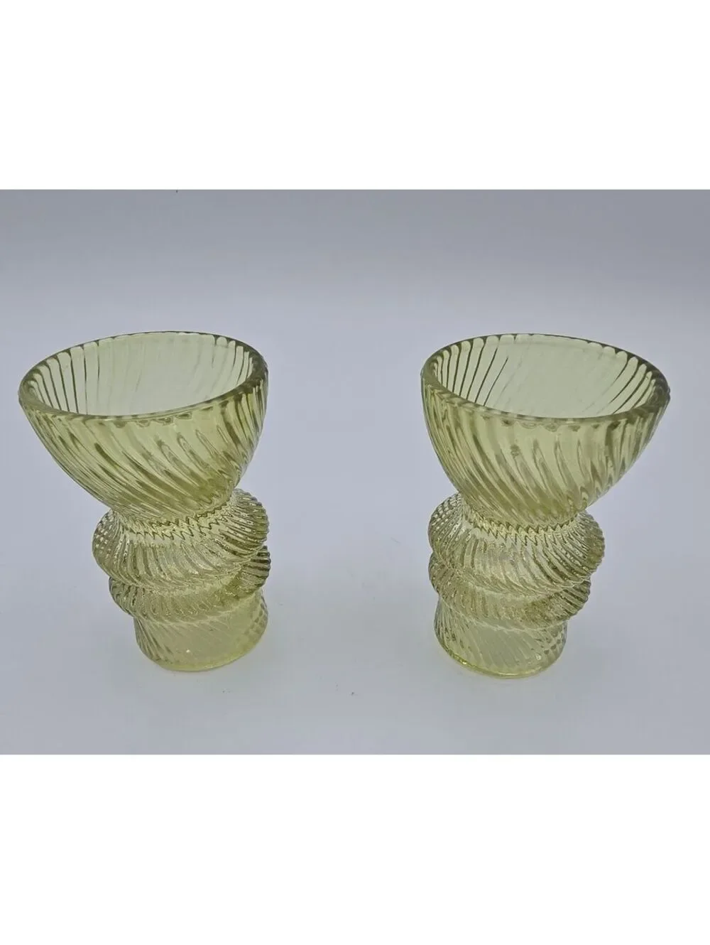 Vintage Green Glass Reversible Candle Holders Pair Spiral Ribbed 3